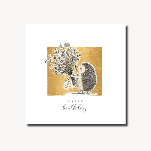 Happy birthday card featuring a hedgehog holding a wildflower bouquet tied with a ribbon and a with love tag on a warm gold foil background, blank inside, square format 155 x 155mm