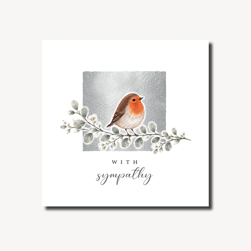 Sympathy card featuring a robin perched on a delicate botanical branch with silvery leaves and buds on a silver foil background, blank inside, square format 155 x 155mm