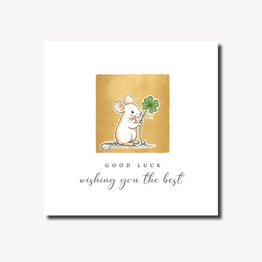 Good luck card featuring a white mouse holding a four-leaf clover on a warm gold foil background, blank inside, square format 155 x 155mm
