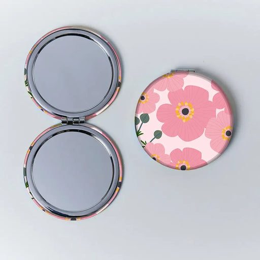 Pink Cosmos compact mirror with floral RPET fabric, front view on plain background