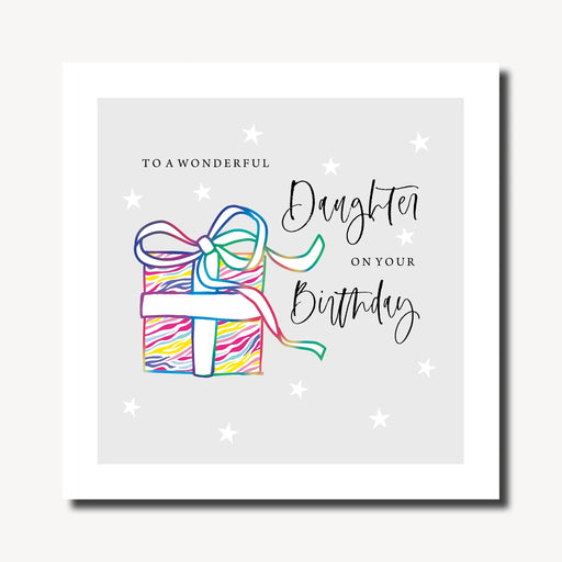Birthday card for a daughter with a hand-drawn colourful striped gift box with rainbow ribbon bow on a soft grey background with white stars, rainbow foil finish, 210 x 210mm