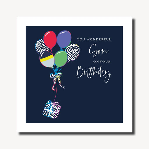 Birthday card for a son with colourful zebra-print balloons tied with a striped bow lifting a matching gift box on a deep navy background, rainbow foil finish, 210 x 210mm