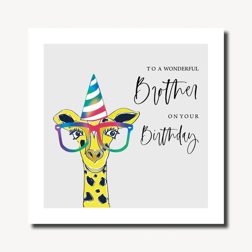 Birthday card for a brother featuring a hand-drawn giraffe in a rainbow party hat and oversized rainbow-framed glasses on a light grey background, rainbow foil finish, 210 x 210mm⠋