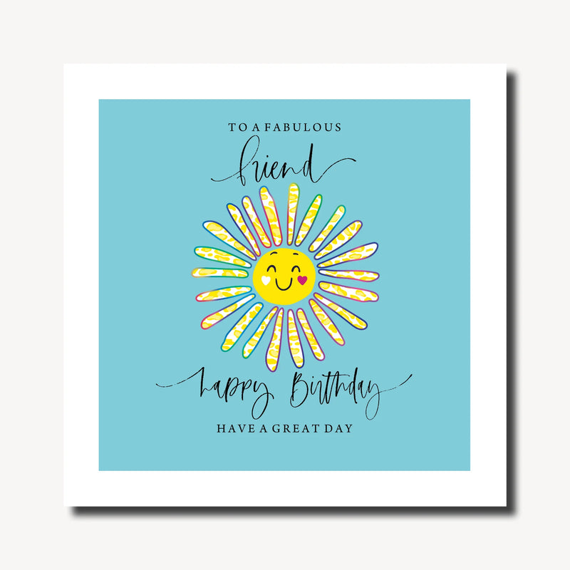 Birthday card for a friend with hand-drawn smiling sunshine illustration on a teal background, rainbow foil finish, square format 210 x 210mm