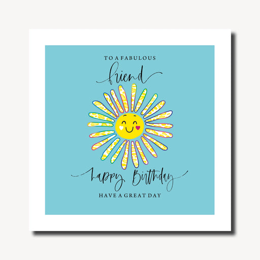 Birthday card for a friend with hand-drawn smiling sunshine illustration on a teal background, rainbow foil finish, square format 210 x 210mm