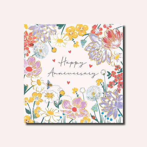 Happy Anniversary card with a hand-drawn floral design, gold foil detail and Happy Anniversary sentiment
