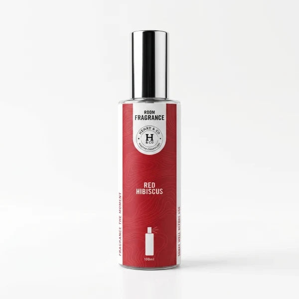 Henry & Co Red Hibiscus room fragrance spray 100ml in a glass bottle with silver cap on a white background