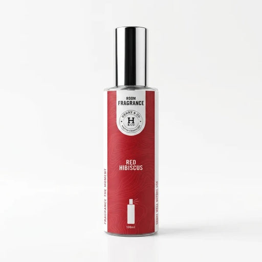 Henry & Co Red Hibiscus room fragrance spray 100ml in a glass bottle with silver cap on a white background