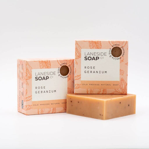 Laneside Soap Co Rose Geranium Soap Bar 135g alongside two boxes on a light grey background