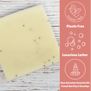 Laneside Soap Co Rose Geranium Soap Bar showing plastic free, luxurious lather, and rose geranium essential oil, French red clay and rosehips highlights