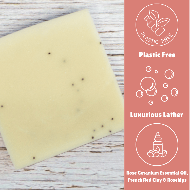 Laneside Soap Co Rose Geranium Soap Bar showing plastic free, luxurious lather, and rose geranium essential oil, French red clay and rosehips highlights