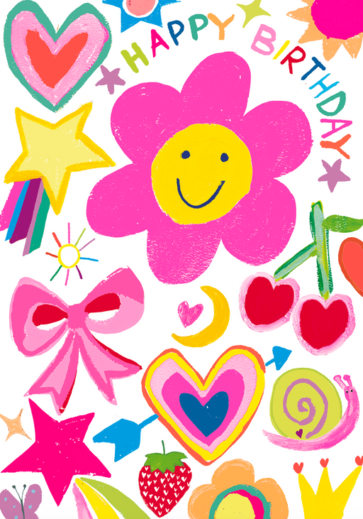 Bright birthday card for her on a white background with colourful illustrated icons including a smiley pink flower, rainbow shooting star, cherries, hearts, a pink bow, snail, strawberry and stars, with multicoloured "Happy Birthday" lettering
