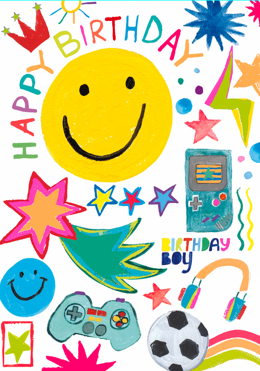 Bright birthday card for him on a white background with colourful illustrated icons including a yellow smiley face, game controller, handheld console, football, headphones, lightning bolts and stars, with multicoloured "Happy Birthday" and "Birthday Boy" lettering