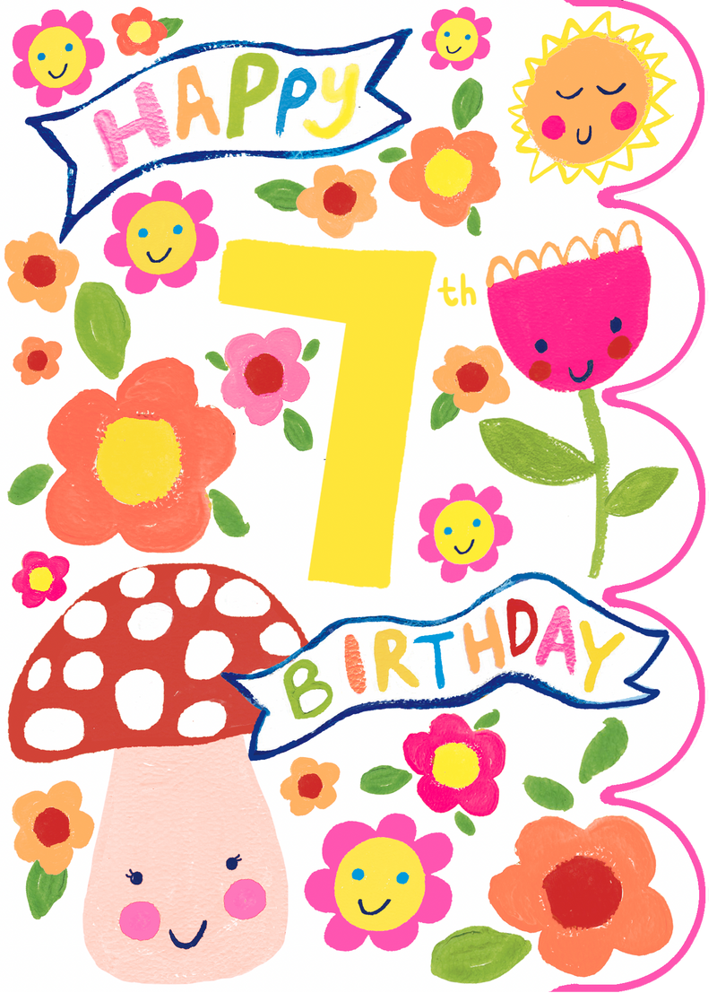 Age 7 birthday card for girls with whimsical smiley flowers, cheerful toadstool, smiling tulip and sun, bold yellow "7th Birthday" on ribbon banners