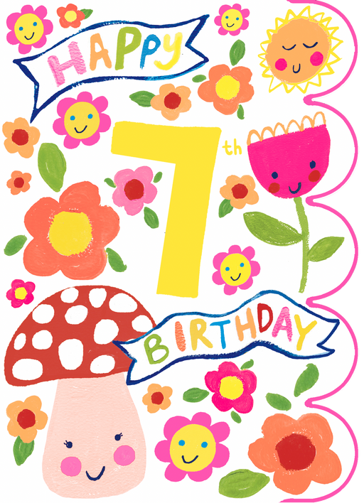 Age 7 birthday card for girls with whimsical smiley flowers, cheerful toadstool, smiling tulip and sun, bold yellow "7th Birthday" on ribbon banners