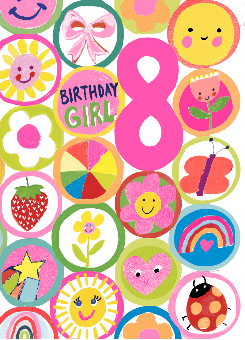 Age 8 birthday card for girls with bold pink "8", "Birthday Girl" lettering, and cheerful illustrated icons on a bright white background