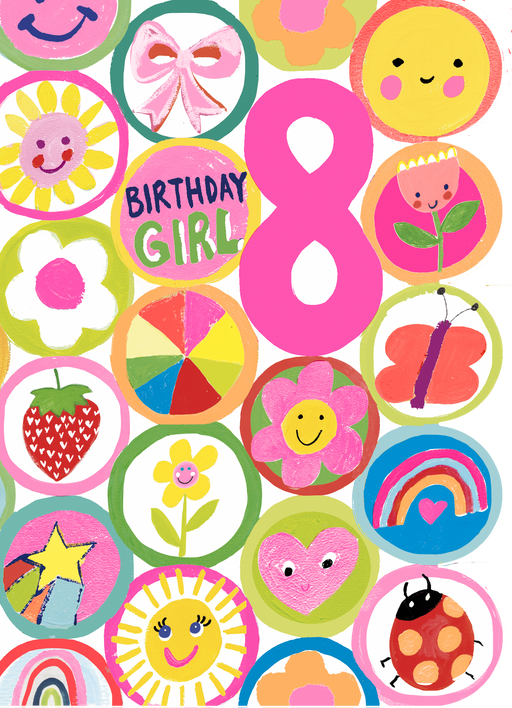 Age 8 birthday card for girls with bold pink "8", "Birthday Girl" lettering, and cheerful illustrated icons on a bright white background