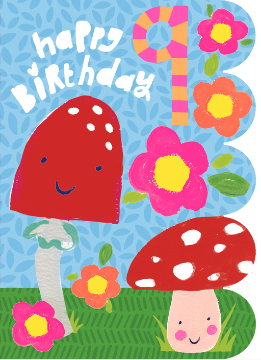 Die-cut age 9 birthday card with smiling toadstool characters, bold flowers and number 9 design on a bright blue background