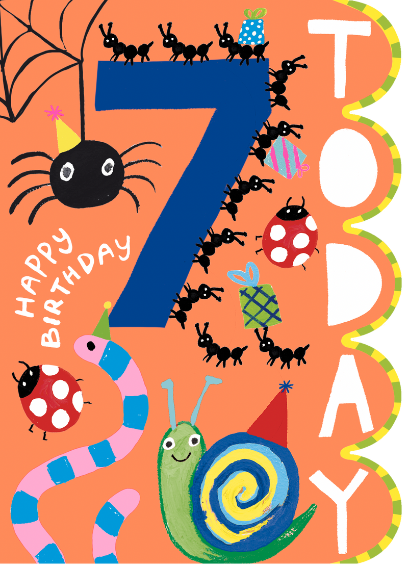 Age 7 birthday card with bold die-cut design, creepy crawlies parade on a bright orange background, large blue "7 Today" and "Happy Birthday" lettering