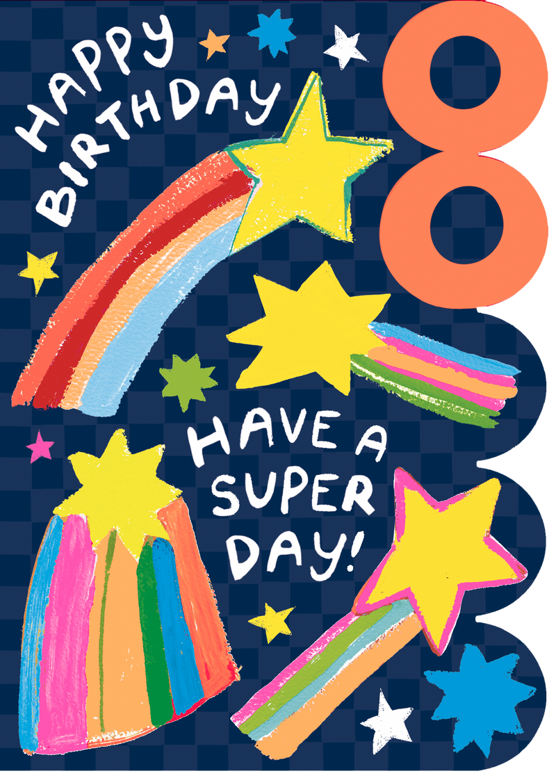 Age 8 birthday card with bold die-cut design, shooting stars and rainbows on a deep navy checkerboard background, large orange "8" and "Happy Birthday — Have a Super Day!" lettering⠋