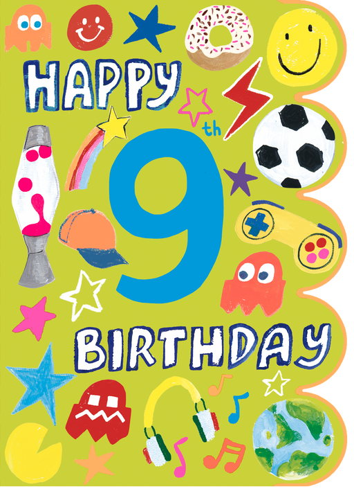 Age 9 birthday card with bold die-cut design, playful illustrated icons on a bright background, "Happy 9th Birthday" lettering