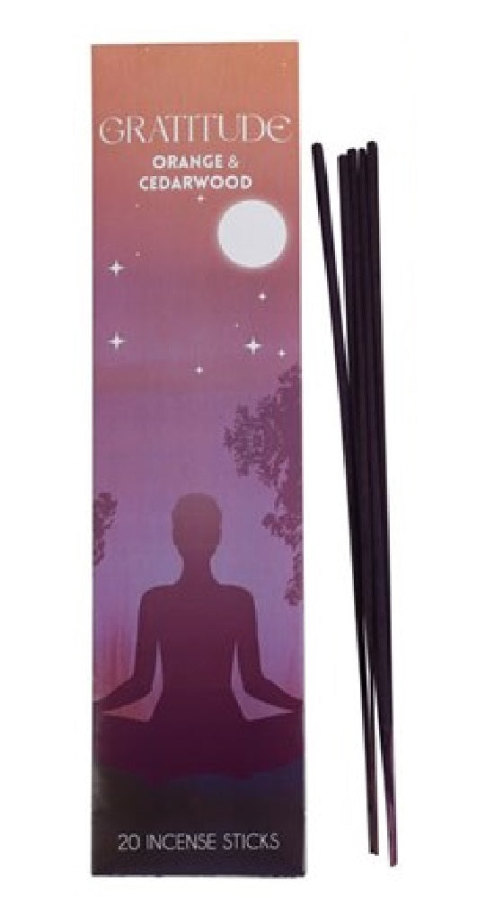 Gratitude Orange and Cedarwood Incense Sticks, single pack with illustrated meditating figure silhouette and incense sticks, white background
