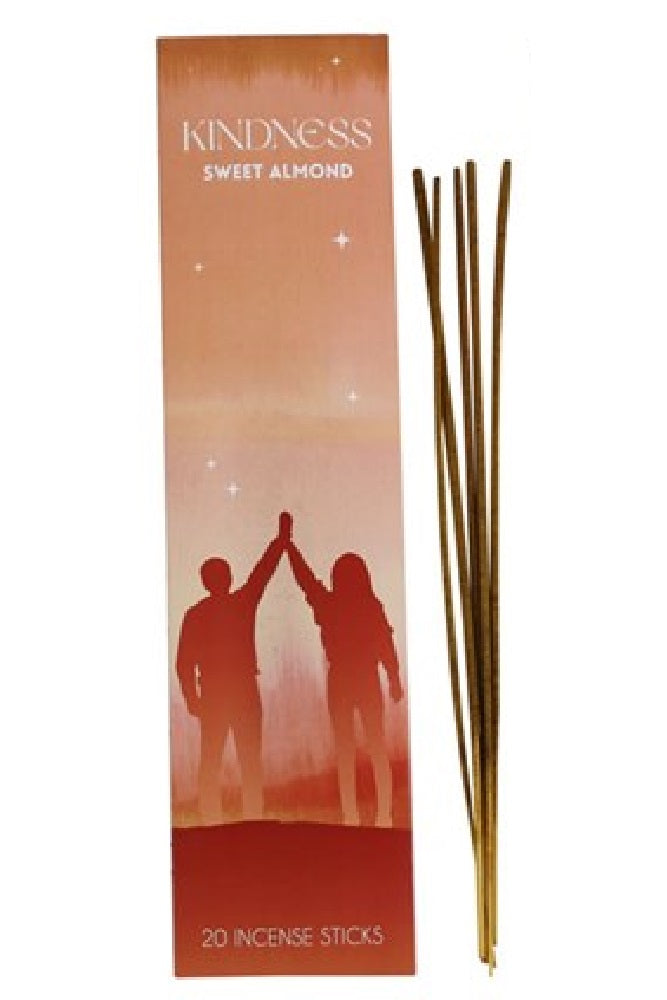 Kindness Sweet Almond Incense Sticks, single pack with illustrated silhouette of two figures connecting, incense sticks alongside, white background