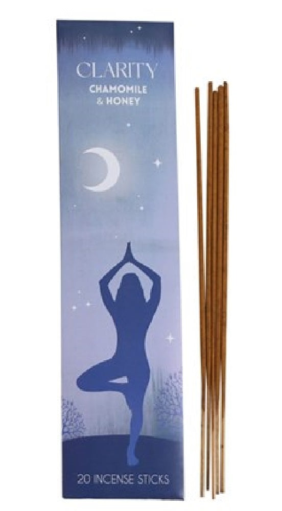Clarity Chamomile and Honey Incense Sticks, single pack with illustrated yoga tree pose silhouette and incense sticks, white background