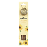 Sunflower Scented Incense Sticks with Holder, front view of packaging showing sunflower illustrations and gold-tone sunflower holder, white background