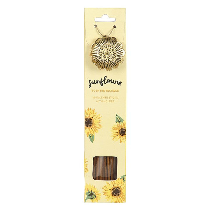 Sunflower Scented Incense Sticks with Holder, front view of packaging showing sunflower illustrations and gold-tone sunflower holder, white background