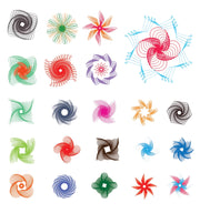 Examples of spirograph patterns created with the Spiro Wheels set — geometric flowers, stars and mandalas in multiple colours