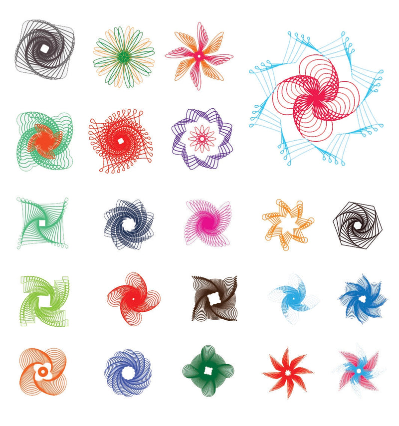 Examples of spirograph patterns created with the Spiro Wheels set — geometric flowers, stars and mandalas in multiple colours