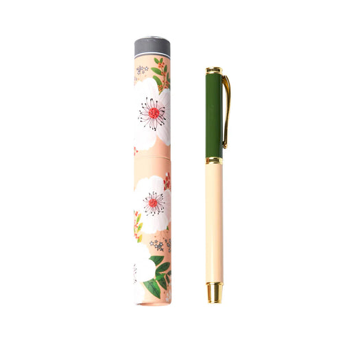 Belly Button Designs white rose ballpoint pen with green and cream barrel and gold-tone clip, shown next to its decorative blush floral gift tube, on white background