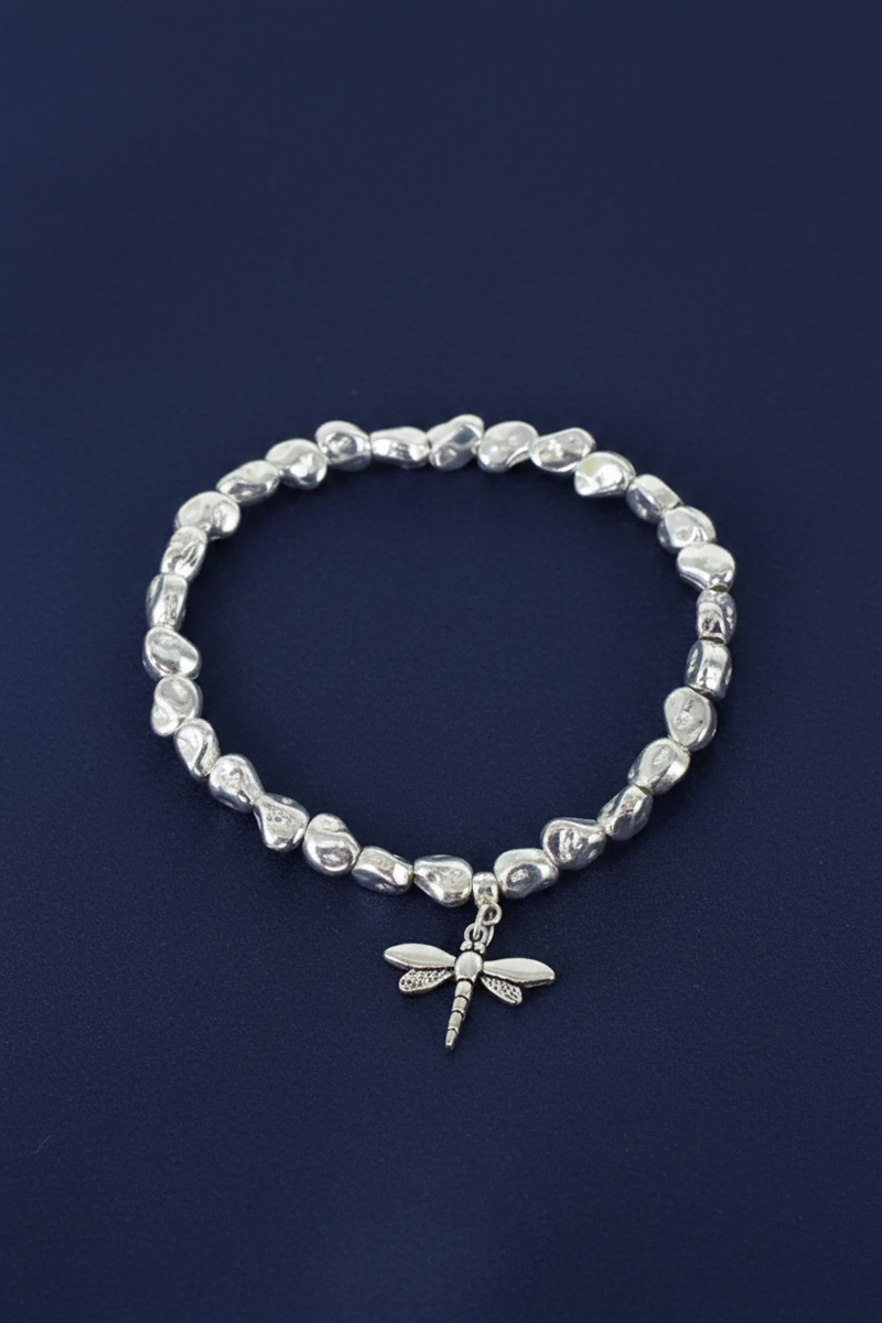 Silver Plated Nugget Bead Elasticated Bracelet with Dragonfly Charm