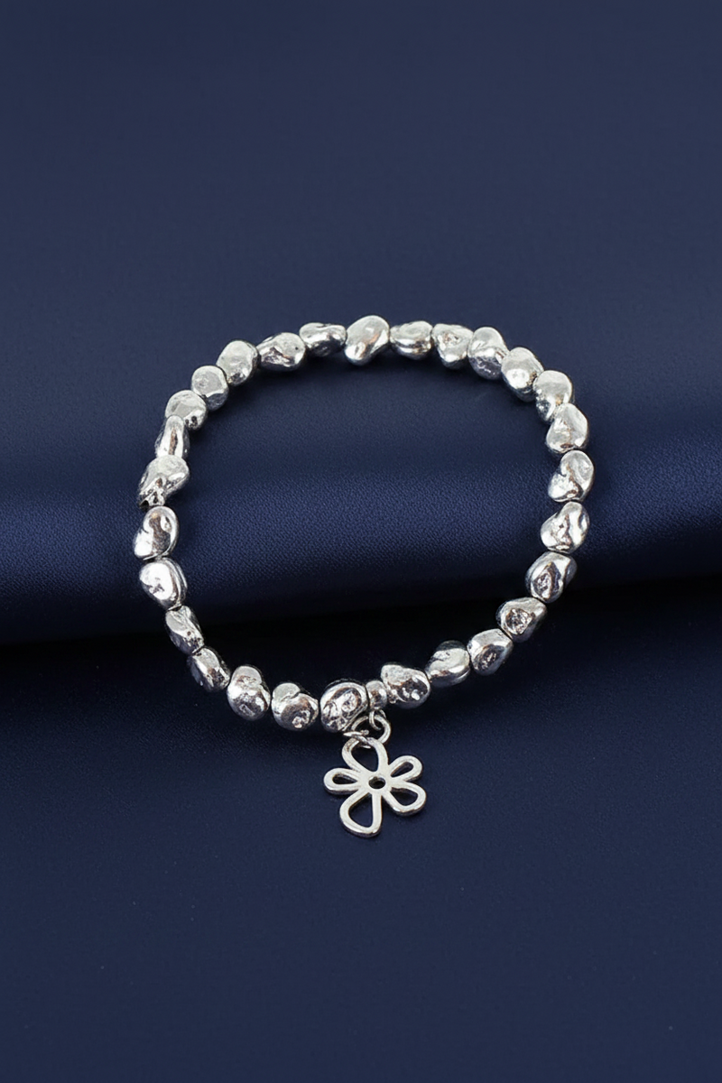 Silver Plated Nugget Bead Elasticated Bracelet with Flower Charm