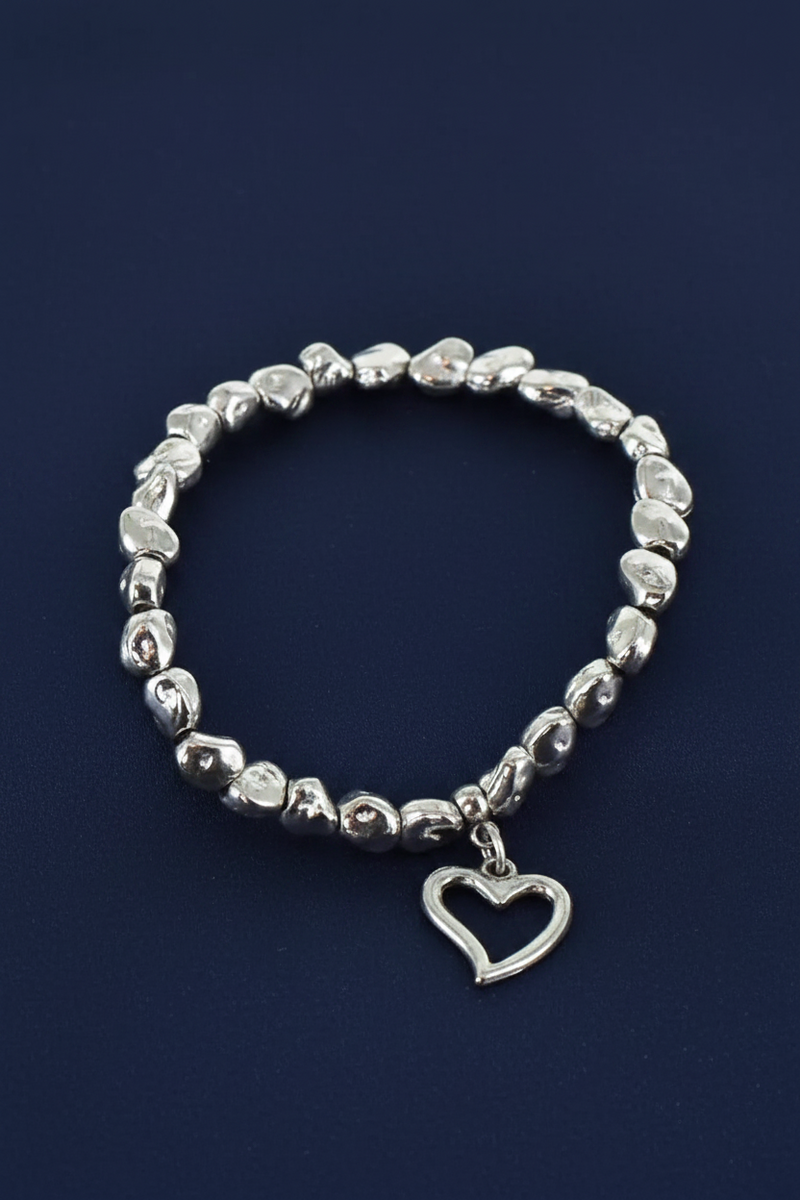 Silver Plated Nugget Bead Elasticated Bracelet with Heart Charm