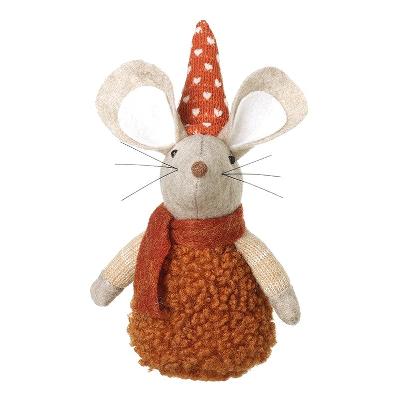 Sitting mouse decoration with oversized ears, delicate whiskers, textured burnt orange body, rust-coloured scarf and tall pointed hat with heart details, 12 x 8 x 22cm