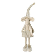 Tall standing mouse Christmas decoration with large corduroy ears, fluffy hair, long drooping pointed hat, scarf, check pinafore dress with buttons, corduroy legs and fluffy feet, 15 x 8 x 63cm
