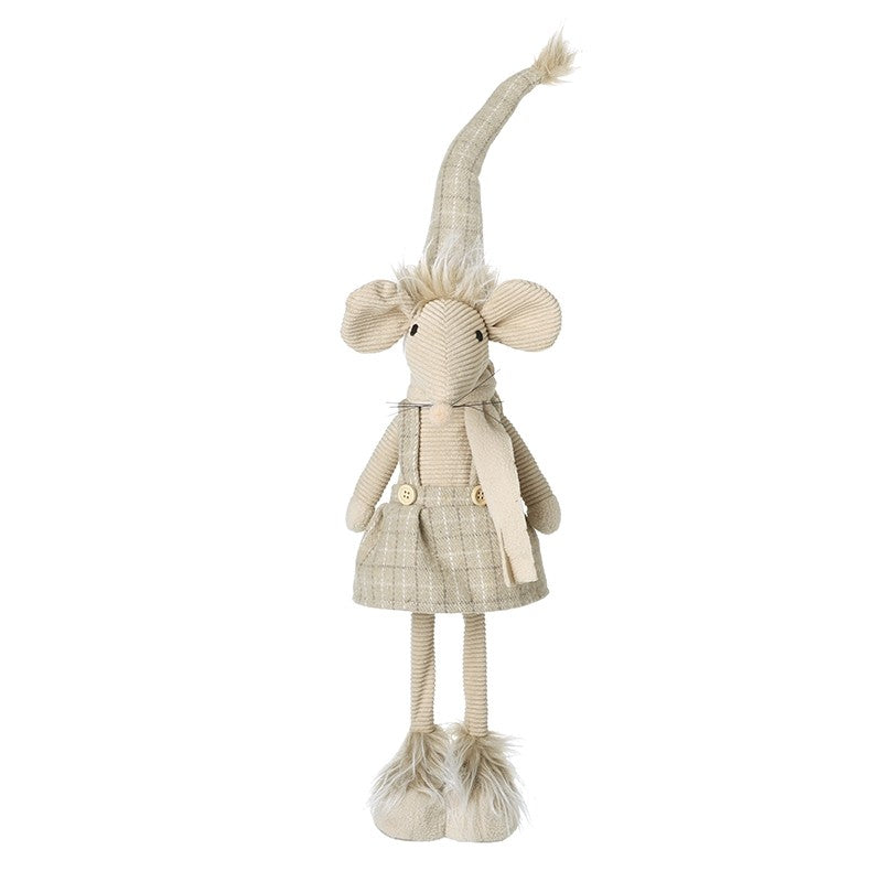 Tall standing mouse Christmas decoration with large corduroy ears, fluffy hair, long drooping pointed hat, scarf, check pinafore dress with buttons, corduroy legs and fluffy feet, 15 x 8 x 63cm
