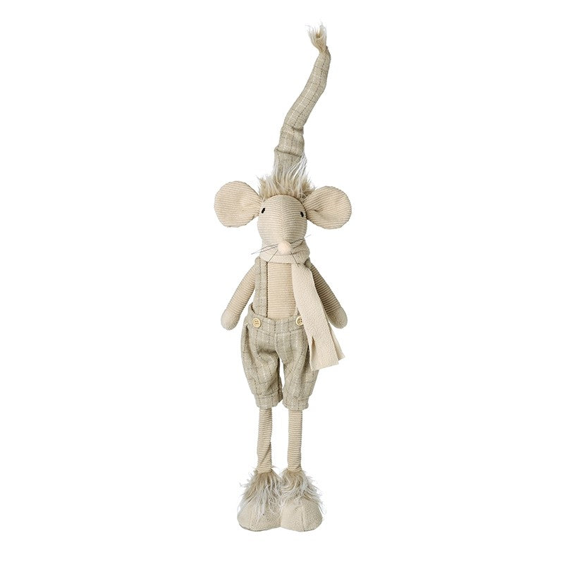 Tall standing mouse Christmas decoration in dungarees with large corduroy ears, fluffy hair, long drooping pointed hat, scarf, extendable corduroy legs and fluffy feet, adjustable height 67–80cm