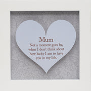 Foil sentiment close-up > Close-up of foil-blocked sentimental message inside the Mum hinged heart photo frame