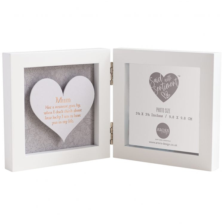 Hinged heart photo frame for Mum open to reveal foil-blocked sentimental message and 9.8x9.8cm photo space