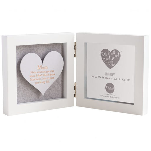 Hinged heart photo frame for Mum open to reveal foil-blocked sentimental message and 9.8x9.8cm photo space
