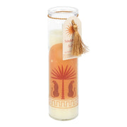 Leopard Palm Sandalwood & Oud tube candle in glass jar with gold tassel and gift tag on a white background