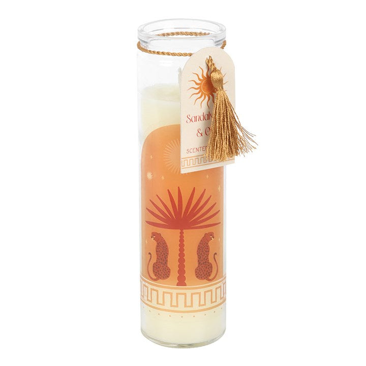 Leopard Palm Sandalwood & Oud tube candle in glass jar with gold tassel and gift tag on a white background