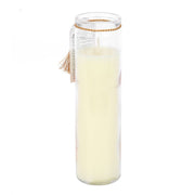 Leopard Palm Sandalwood & Oud tube candle back view in glass jar with gold twine and safety label on a white background