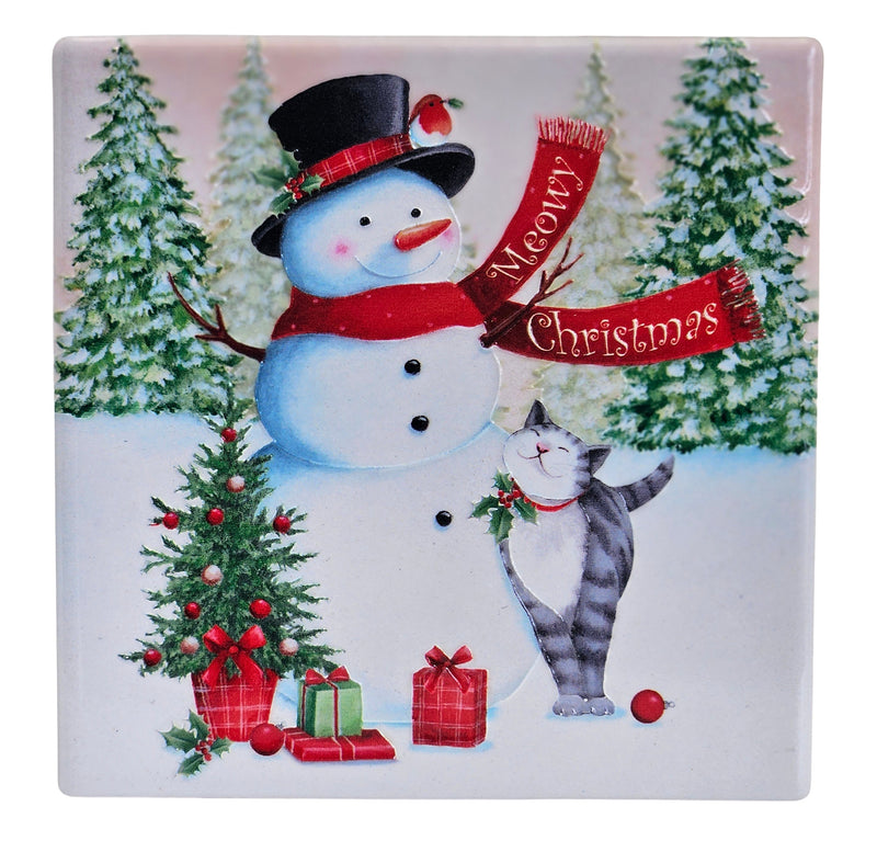 Ceramic Christmas coaster featuring a snowman with a “Meowy Christmas” scarf beside a cat, decorated Christmas tree and wrapped presents.