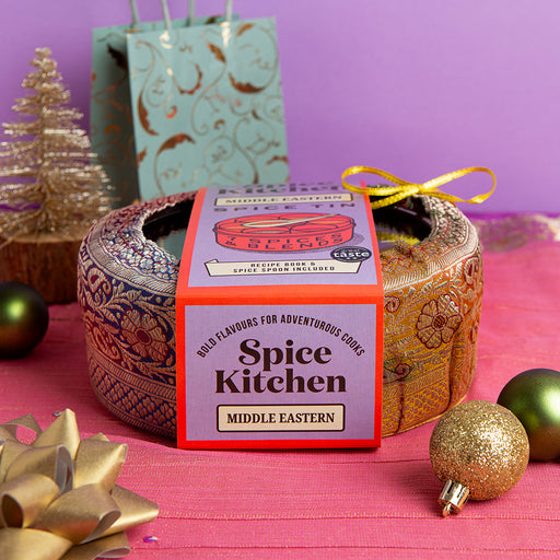 Middle Eastern Spice Tin with silk sari wrap, stainless steel tin and seven spice pots 