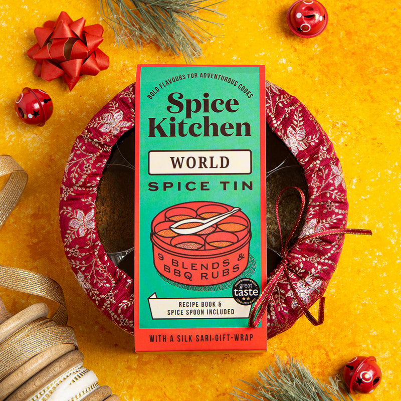 World Spice Tin with silk sari wrap, stainless steel tin and seven spice pots