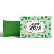 Neon Magpie Christmas Sprout Vegan Soap Bar in green packaging with brussels sprout and red berry design, with soap bar shown alongside